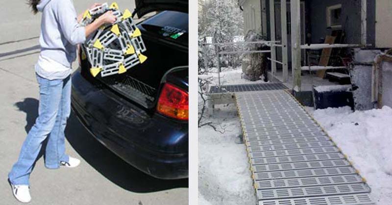 2 Fotos: zusammen gerollte Rampe wird ins Auto verladen und Rampe im Schnee