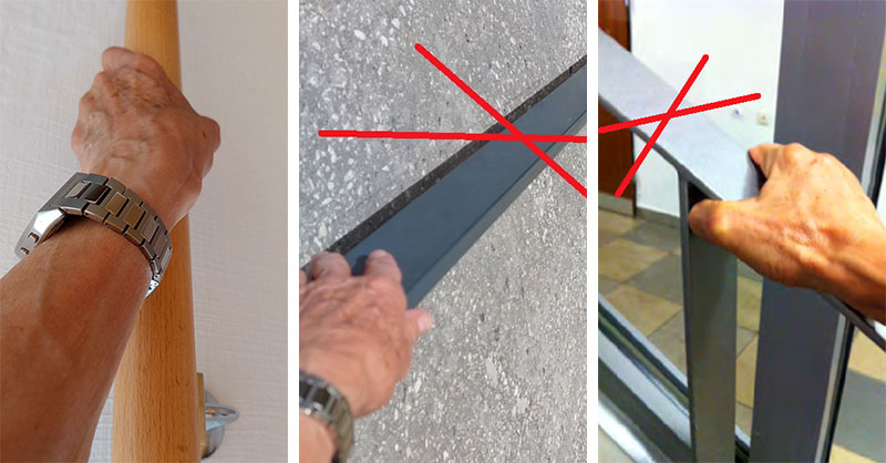 Ein gut greifbarer runder und zwei schlecht greifbare eckige Handläufe