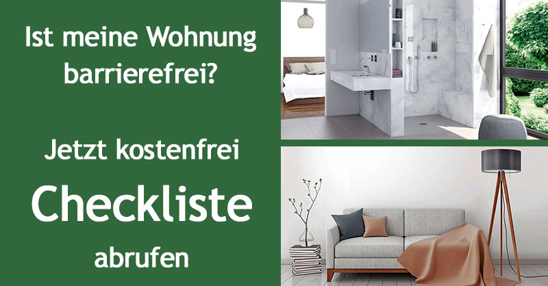 Bad, Wohnzimmer und Text: Ist meine Wohnung barrierefrei? Jetzt kostenfrei Checkliste abrufen